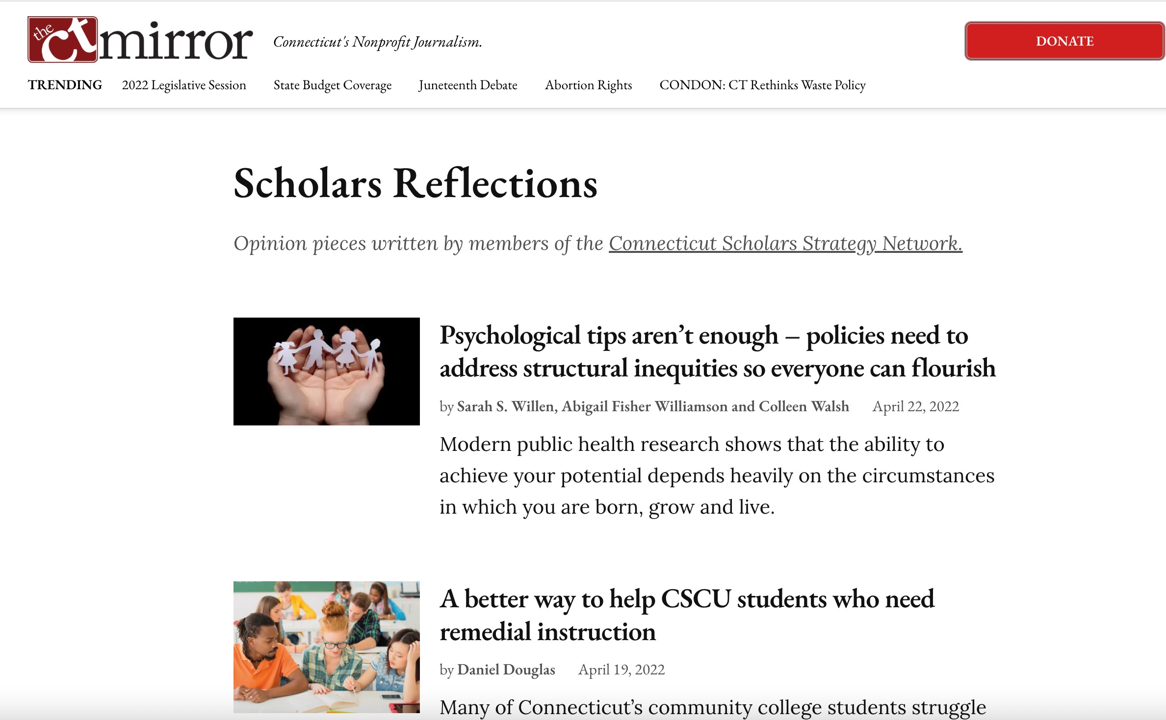 Screenshot of "Scholars Reflections" on the CT Mirror website