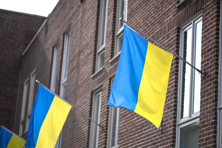 Ukrainian flags on a building 