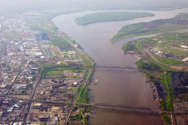 Aerial View Of Downtown Quincy Illinois with Mississippi River
