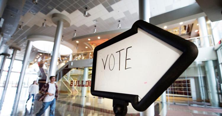 Arrow-shaped sign with "Vote" written on it