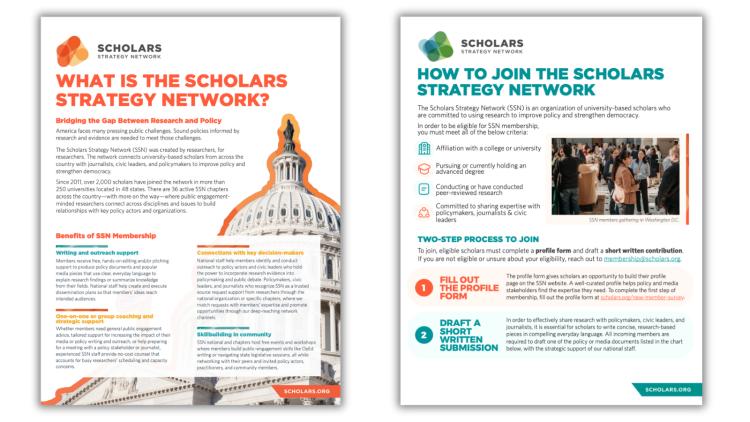Screenshots of "What is the Scholars Strategy Network" pdf and "How to Join the Scholars Strategy Network" pdf