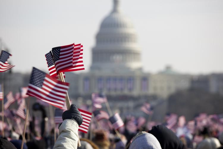Crowd waving flags in the Washington DC Mall.