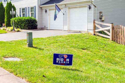 Presidential election political sign poster for Joe Biden Harris 2020 text in northern Virginia suburbs stock phot