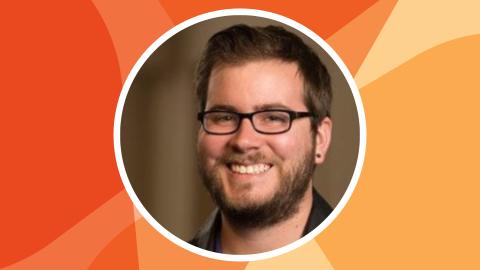 Headshot of Benjamin Blankenship in a circle against SSN's orange texture file