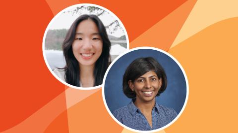 Headshots of Jilli Jung and Maithreyi Gopalan in circles against SSN's orange texture file