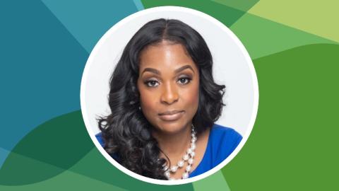 Headshot of Cheron Davis against SSN's blue-green texture file