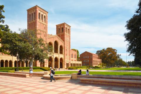 A view of the façades of Royce Hall and Haines Hall at University of California Los Angeles (UCLA) campus. stock photo