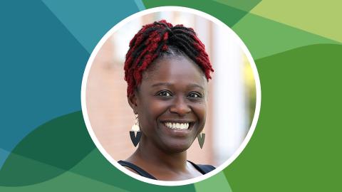Headshot of Ebony Perouse-Harvey in a circle against SSN's blue-green texture file