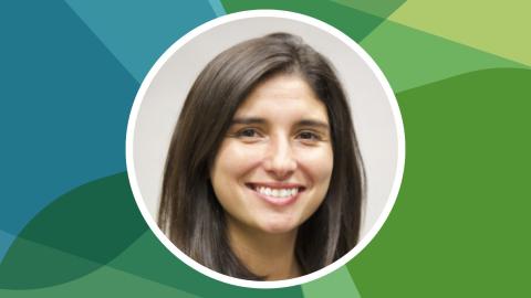 Headshot of Denisa Gándara against SSN's blue-green texture file