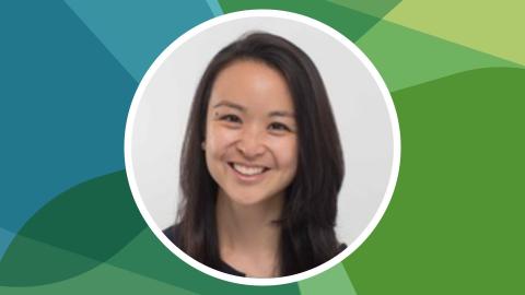Headshot of Monnica Chan against SSN's blue-green texture file