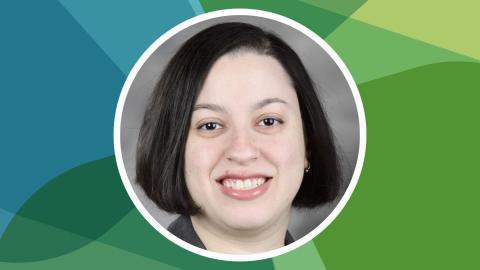 Headshot of Arielle Kuperberg against SSN's blue-green texture file