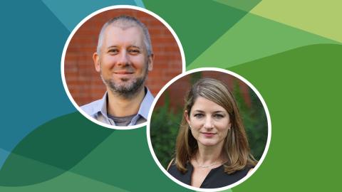 Headshots of Shafer and Huberfeld in circles against SSN's blue-green texture file background