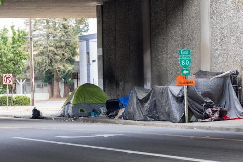 Homeless encampement below an overpass with tents