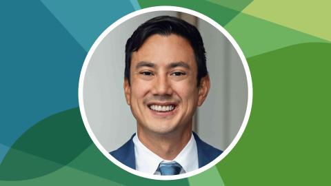 Headshot of Chris Torres in a circle against SSN's blue-green texture file