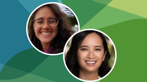 Headshot of Peraza and Laiduc in circles against SSN's blue-green texture file 