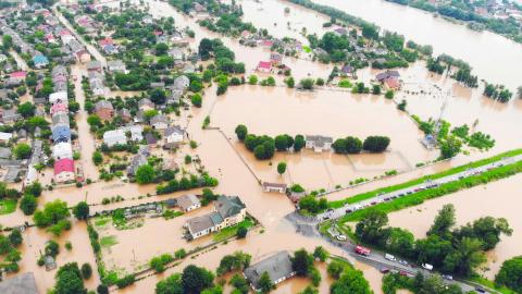 Aerial view of flooded town