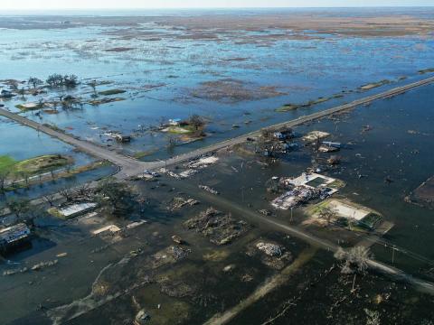 Flooding of a neighborhood in Louisiana, shot from above