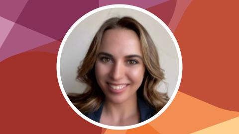 Headshot of Rebecca Edelman against SSN's purple-red texture file background