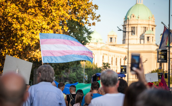 Trans flag being waved during a protest
