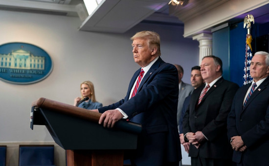 Donald Trump at podium in White House Briefing Room