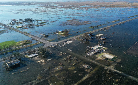 Flooding on town in Louisiana, point of view from above 